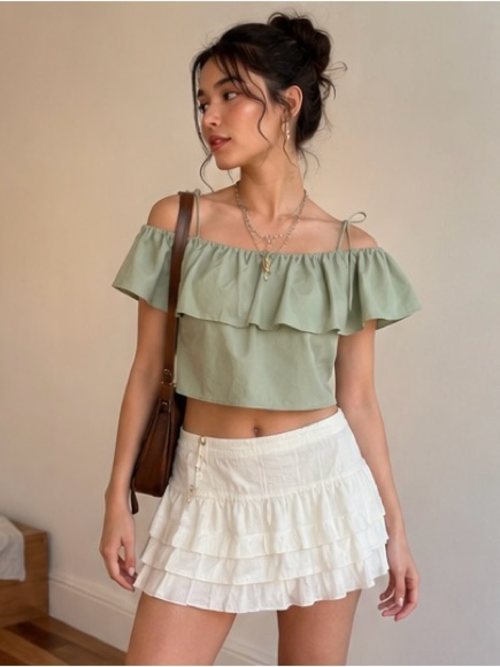 Zara Sage Green Off Shoulder Ruffle Crop Top XS S‎ Cottagecore Coquette